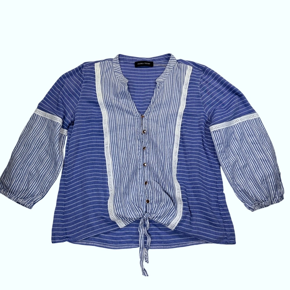 Ivanka Trump Blouse Womens Large Blue White Striped Tie Front 3/4 Sleeve Top